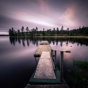 Dusk, Sunset, Evening, Long exposure, Wooden pier, Lake, Sweden, 5K