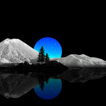 Scenic, Moon, Mountains, Scenery, Black, Blue moon, 5K, AMOLED