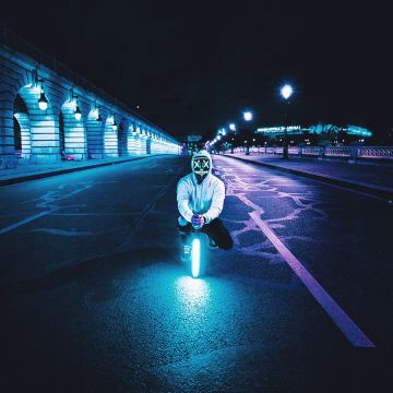 Neon, LED mask, Lightsaber, Road, Tarmac, City lights, Night, Man