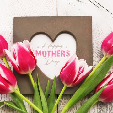 Happy Mother's Day, Tulips, Wooden background, Love heart, 5K