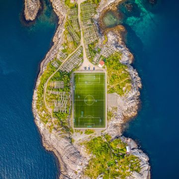 Henningsvaer Stadium, Soccer field, Norway, Aerial view