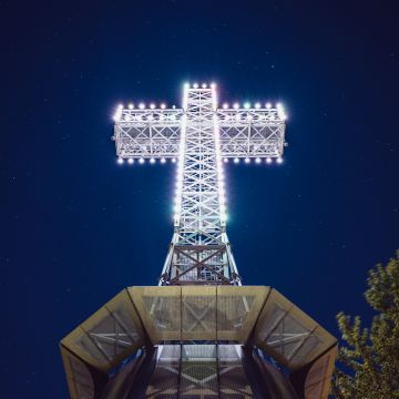 Mount Royal Cross, Monument, Ancient architecture, Landmark, Montreal, Canada, Illuminated, Night, 5K