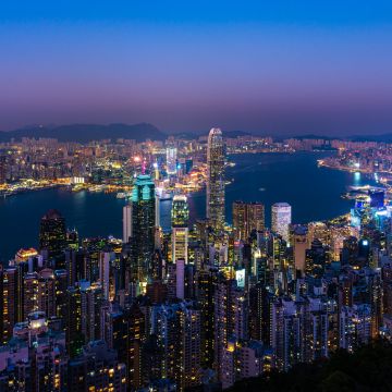 Victoria Harbour, Hong Kong City Skyline, Blue hour, Twilight, City lights, Sunset, 5K