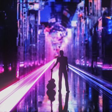 Neon, Guitar, Musician, Silhouette, Cyberpunk, Future City, Aesthetic, Dystopian