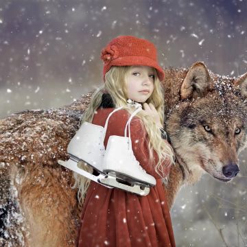 Cute Girl, Wolf, Snowfall, Winter, Pet, 5K, Pretty