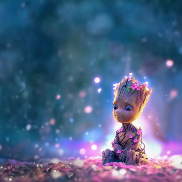 Baby Groot, Flower crown, Cute art, Aesthetic, Floral, Bokeh Background, AI art, Pink flowers, Vibrant