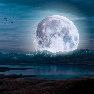 Moon, Aesthetic, Night, Landscape, Lake, Nightscape, 5K