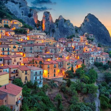 Castelmezzano, Basilicata, Italy, Dolomiti lucane, Mountains, Night lights, Sunset