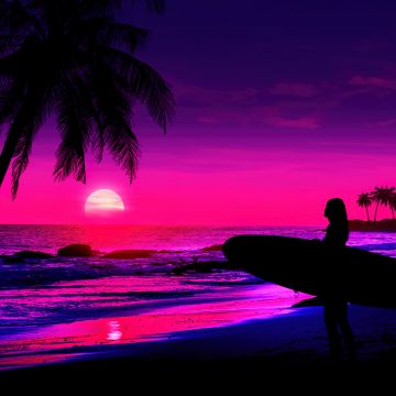 Tropical beach, AI art, Sunset, Girl, Pink aesthetic