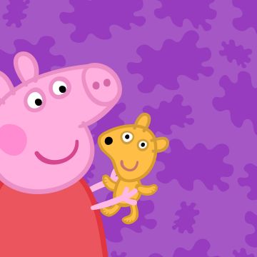 Peppa Pig, Teddy, Purple background, Cartoon