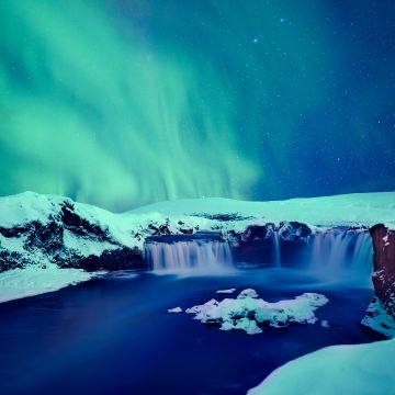 Snow covered, Godafoss waterfall, Winter, Iceland, Aurora sky, Night