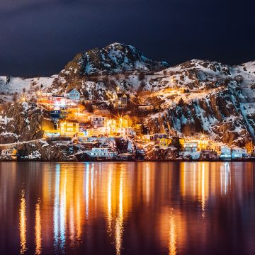 Newfoundland, Island, Canada, Night lights, Reflections, Lake