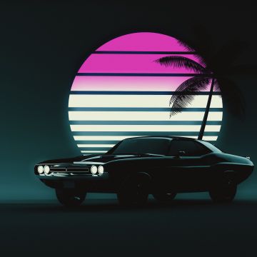 Muscle car, Retro, Vintage car, Sunset, Neon, 5K, Dark background, Dark aesthetic