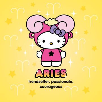Aries, Hello Kitty, Zodiac sign, Yellow aesthetic, Trendy, Passion, Courage, 5K, Sanrio