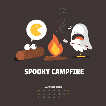 August Calendar, 2023, Campfire, Spooky, Illustration, Simple