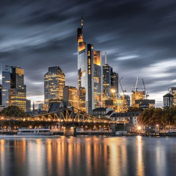 Frankfurt, Night City, Germany, City Skyline, Illumination, Iron Footbridge, Reflection, 5K