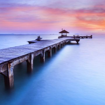 Wooden pier, Sunrise, Morning, Foggy, Daylight, 5K