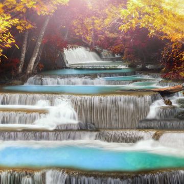 Erawan Falls, Aesthetic, Autumn, Waterfall, Forest, Thailand, 5K