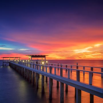 Wooden pier, Resort, Bridge, Sunset, Horizon, Dawn, Vacation, Sea, Holidays, Phuket, Thailand, Aesthetic, 5K