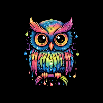 Colorful Owl, Cute art, AMOLED, 8K, Cute bird, Kawaii, Black background, Digital Art, 5K