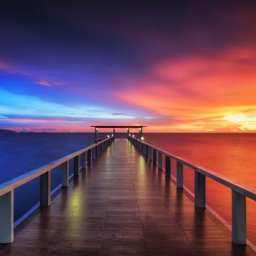 Wooden pier, Bridge, Sunset, Horizon, Resort, Dawn, Vacation, Holidays, Phuket, Thailand, Aesthetic, 5K