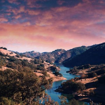 Sunset, Valley, River, Mountains, Trees, 5K, Aesthetic