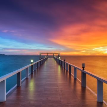 Wooden pier, Aesthetic, Sunset, Horizon, Resort, Dawn, Dusk, Vacation, Holidays, Phuket, Thailand, 5K