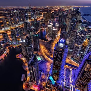 Dubai, Cityscape, Skyline, Aerial view, Skyscrapers, City lights, Night, HDR, Blue hour, 5K