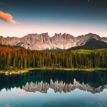 Karersee Lake, Sunset, 5K, Dolomites, Lago di Carezza, Alpine lake, Peaceful, Italy