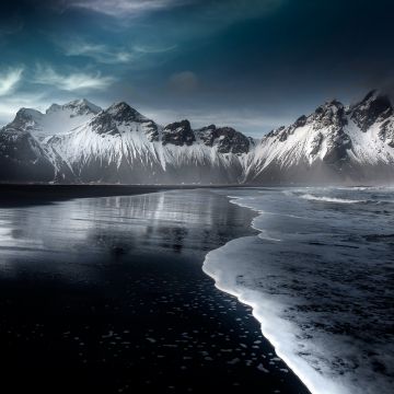 Vestrahorn mountain, Stokksnes, Beach, Icelandic coast, Snow covered, Evening, Dark, Cold, Mountains, Iceland, Black sand beach