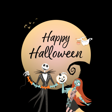 Happy Halloween, The Nightmare Before Christmas, 5K, AMOLED, Black background, Jack Skellington, Sally