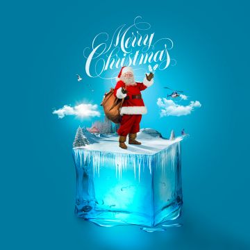 Santa Claus, Ice cube, 5K, Surreal, Aesthetic Cyan, Cyan background, Navidad, Noel