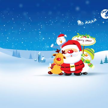 Merry Xmas, Santa Claus, Illustration, Snowman, Winter snow, Blue Sky, Reindeer Chariot, Aesthetic, Navidad, Noel