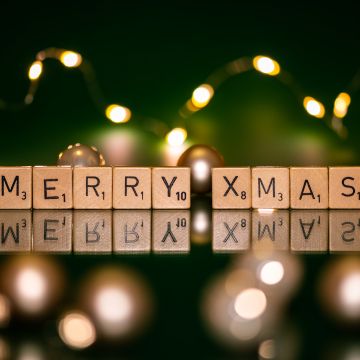 Merry Xmas, Scrabble letters, Wooden Blocks, Christmas lights, Bokeh, Aesthetic Christmas, 5K, Navidad, Noel