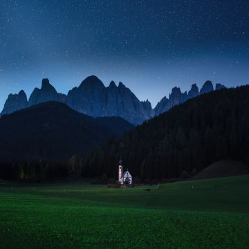 Countryside, House, Forest, Mountains, House, Grassland, Starry sky, Blue Sky, Scenic, 5K, 8K