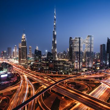 Downtown Dubai, Night lights, Burj Khalifa, Skyscrapers, Cityscape, City lights, Sheikh Zayed Road, Intersection