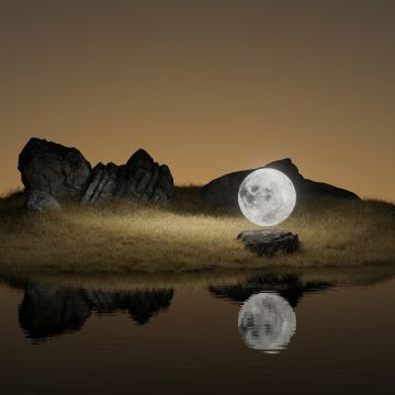 Full moon, Landscape, Rocks, Body of Water, Reflection, Surreal, Brown aesthetic