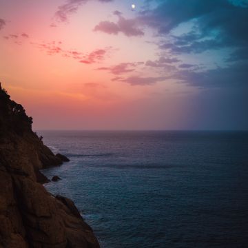 Sunset, Cliff, Seascape, Dawn, Moon, Seashore, Coastline, Red Sky