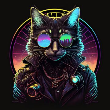 Cat, Midjourney, AI art, Leather jacket, Dark background, Digital Art, Sunglasses