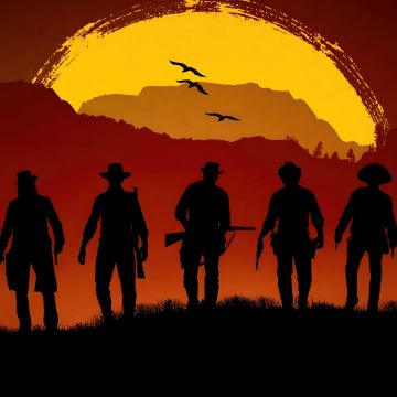 Red Dead Redemption 2, Gang, Silhouette, Sunset, Cowboys, Western
