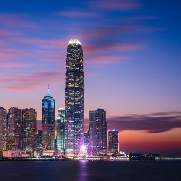 Hong Kong City, Sunset, IFC mall, Dusk, Skyline, Skyscrapers, Victoria Harbour, Blue hour, City lights, Cityscape