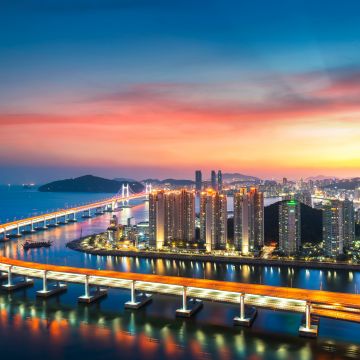 Busan, Gwangan Bridge, City lights, Sunset, Harbor, Red Sky, Metropolitan, Urban, South Korea, 5K