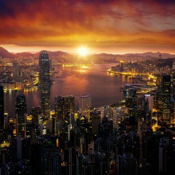 Hong Kong, Sunrise, Cityscape, City lights, Skyline, 5K