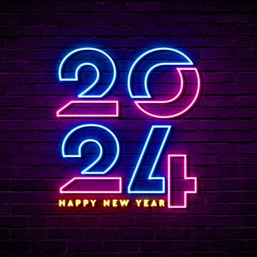 2024, Happy New Year, Neon, Brick wall