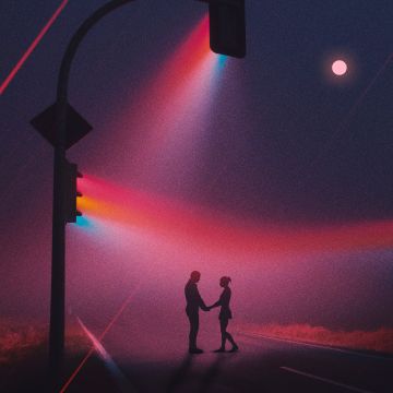 Couple, Silhouette, Traffic lights, Night, Romantic, Focus, Spectrum, Moon, Road