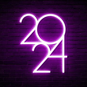 2024 New year, Dark theme, 5K, Purple aesthetic, Dark background, Brick wall