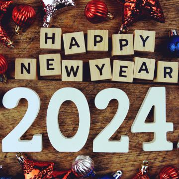 Happy New Year 2024, 5K, Christmas decoration, Wooden background, Wooden letters