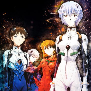 Neon Genesis Evangelion, Poster, Shinji Ikari, Kaworu Nagisa, Asuka Langley Soryu, Rei Ayanami, 5K, Black background, Character art