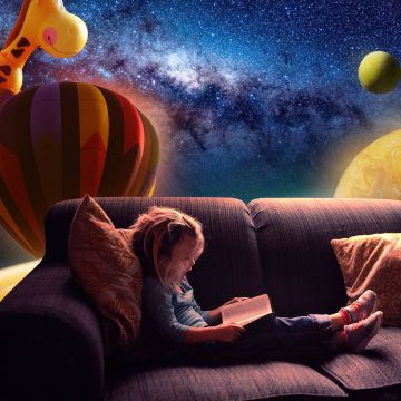Cute Girl, Reading book, Couch, Floating, Outer space, Dream, Surreal, Hot air balloons