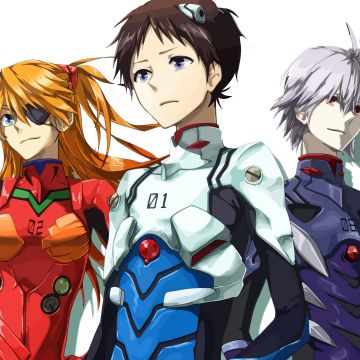 Neon Genesis Evangelion, Character art, Rei Ayanami, Asuka Shikinami Langley, Shinji Ikari, Kaworu Nagisa, 5K
